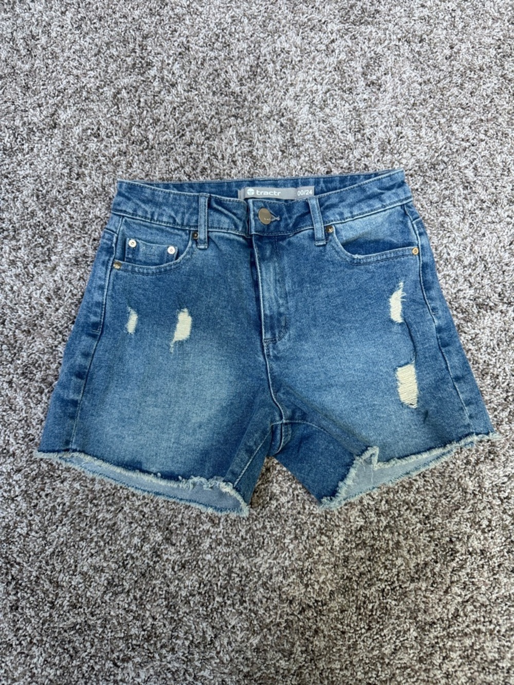 Tractr Mid-Blue Distressed High-Rise Jean Shorts
